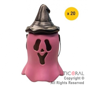 CARAMELERA FANTASMA CON TAPA FUCSIA HALLOWEEN X 20 UNIDADES